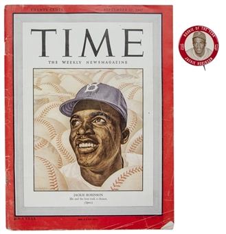 Collection of (2) 1947 Jackie Robinson Rookie of the Year Button and 09/22/1947 Time Magazine featuring Robinson on Front Cover